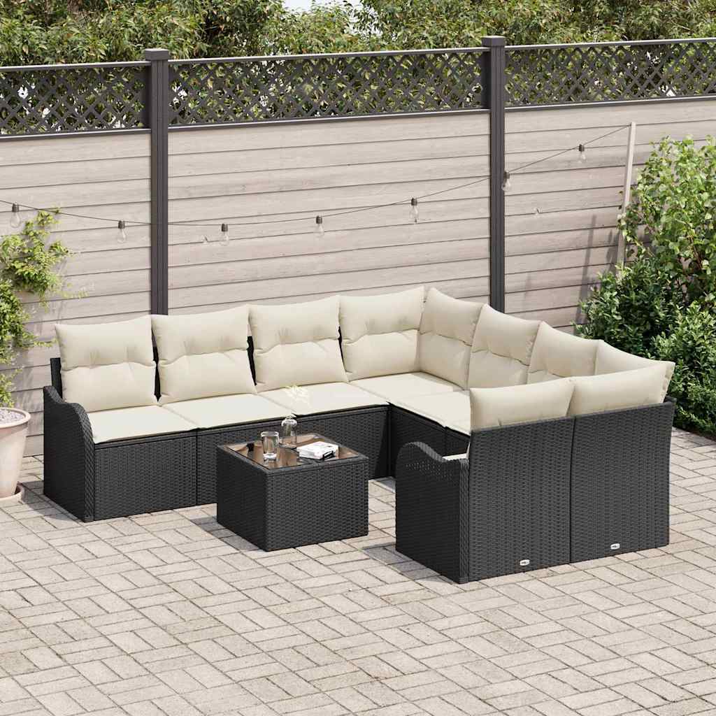 9 dalių sodo sofa rinkinys su pagalvėlėmis Juoda Poli ratanas