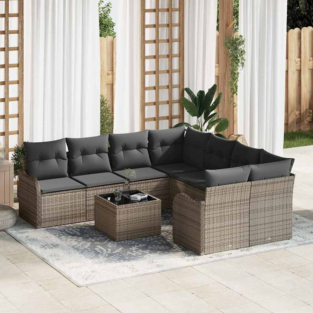 9 dalių Sodo Sofa Rinkinys su Pagalvėmis Pilkas Poli Ratanas