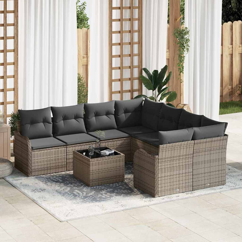 9 dalių Sodo Sofa Rinkinys su Pagalvėmis Pilkas Poli Ratanas