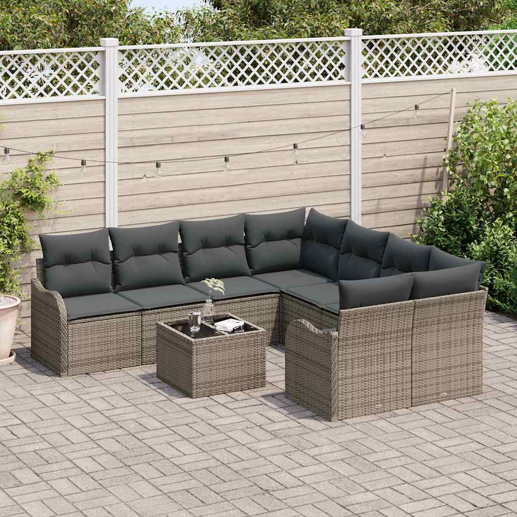 9 dalių Sodo Sofa Rinkinys su Pagalvėmis Pilkas Poli Ratanas