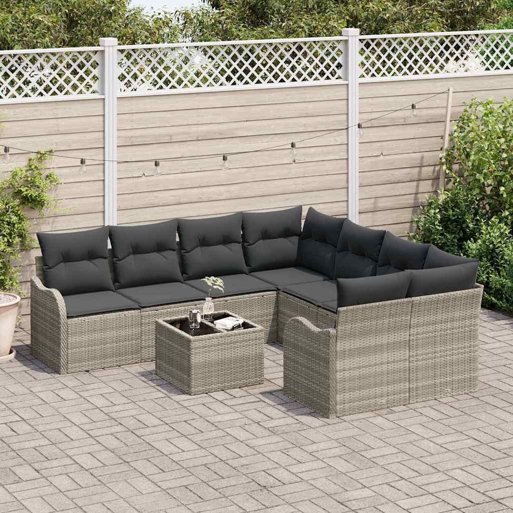 9 Dalių Sodo Sofa Rinkinys su Pagalvėlėmis Šviesiai Pilkas Poli Ratanas