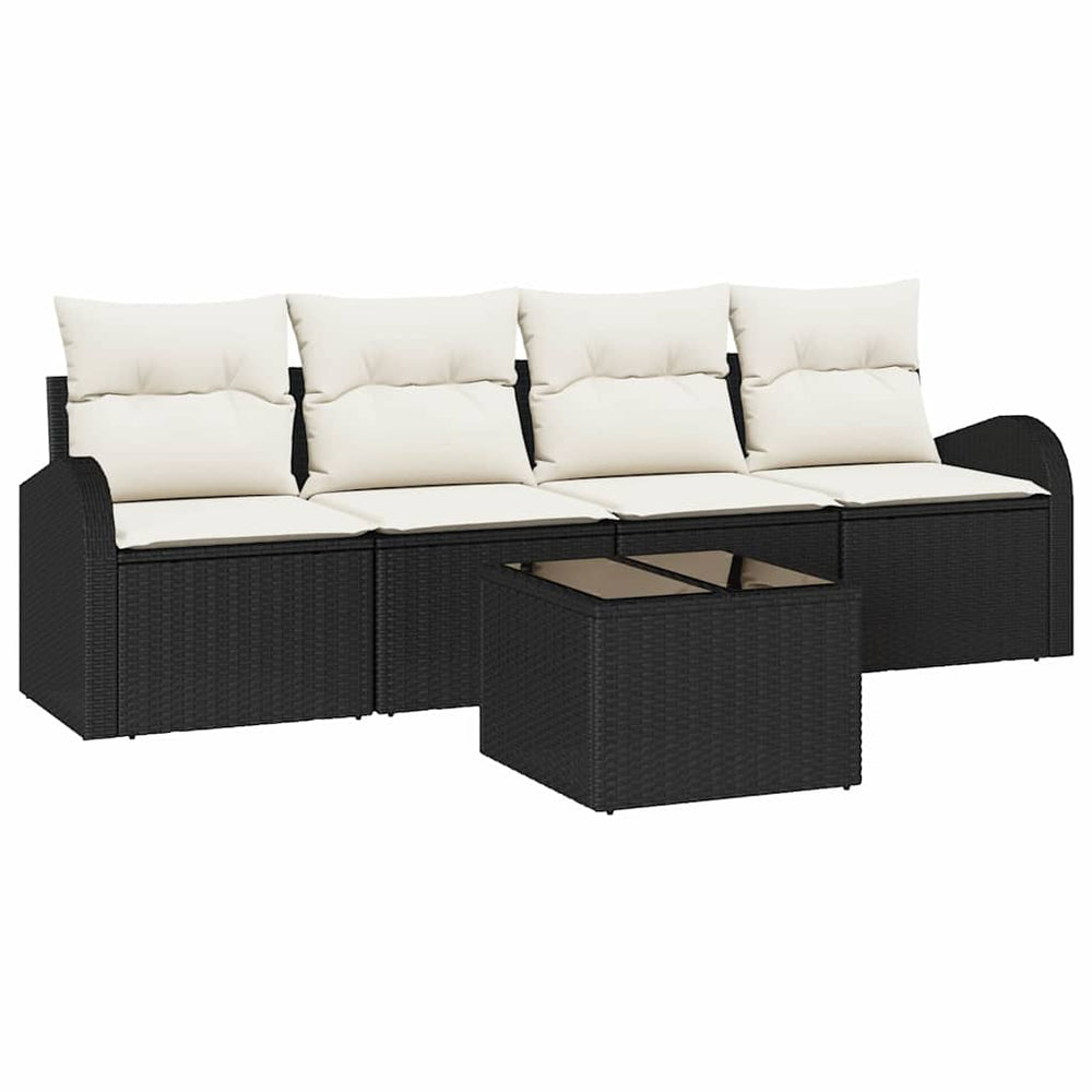 5-Piece Garden Sofa Set with Cushions Black Poly Rattan