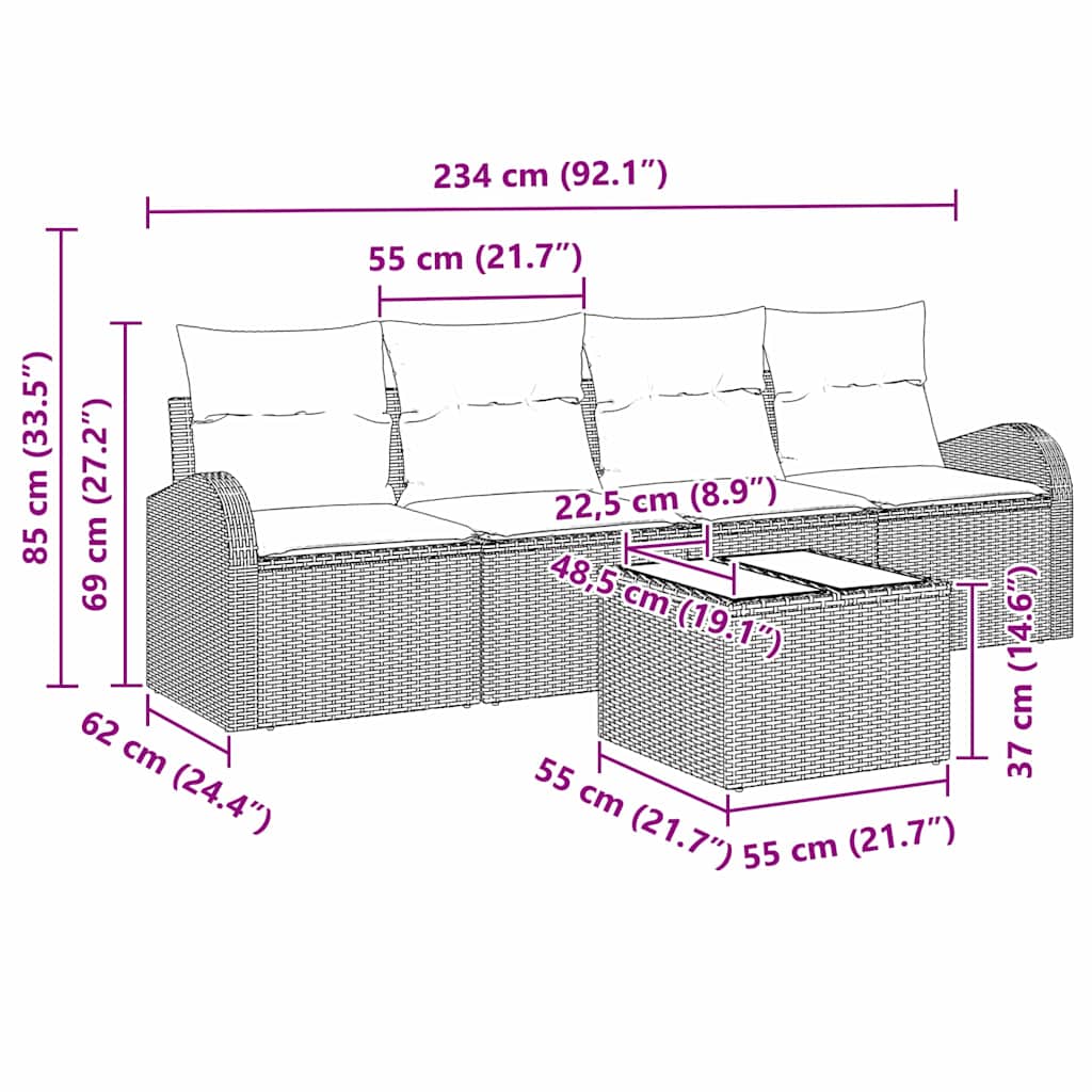 5 dalių sodo sofa rinkinys su pagalvėmis Juoda Poli ratanas