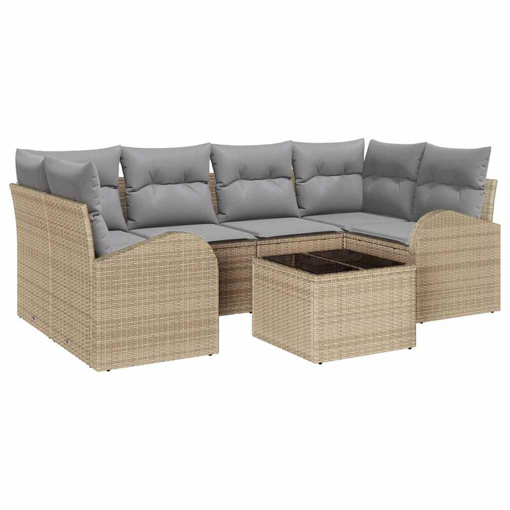 7 Piece Garden Sofa Set with Cushions Sand Poly Rattan