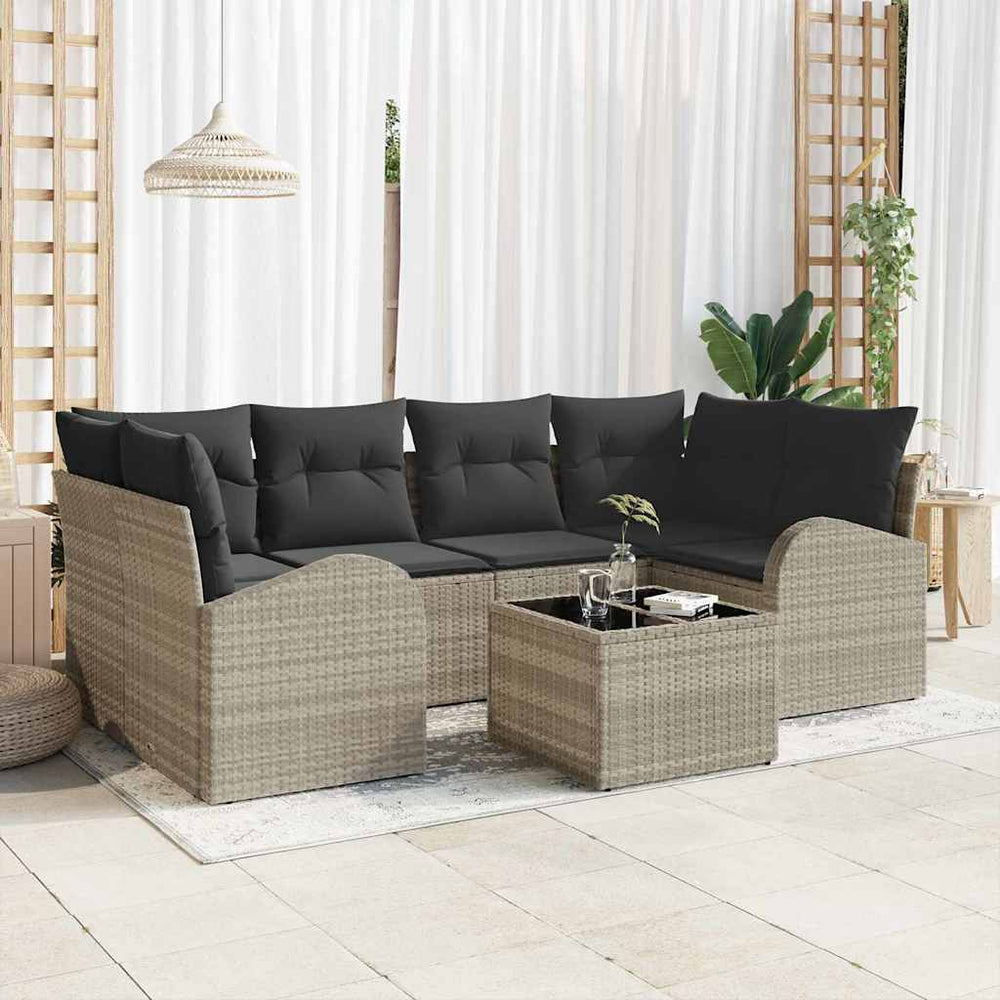 7 Dalys Sodo Sofa Rinkinys su Pagalvėmis Šviesiai Pilka Poli Ratanas