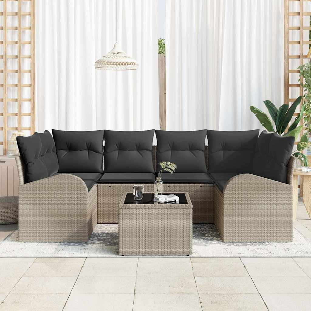 7 Dalys Sodo Sofa Rinkinys su Pagalvėmis Šviesiai Pilka Poli Ratanas