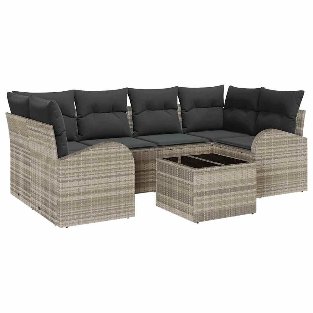 7 Dalys Sodo Sofa Rinkinys su Pagalvėmis Šviesiai Pilka Poli Ratanas