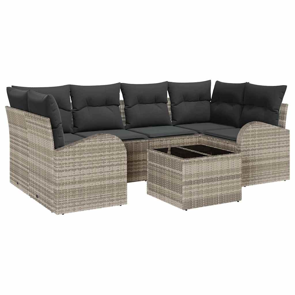 7 Dalys Sodo Sofa Rinkinys su Pagalvėmis Šviesiai Pilka Poli Ratanas