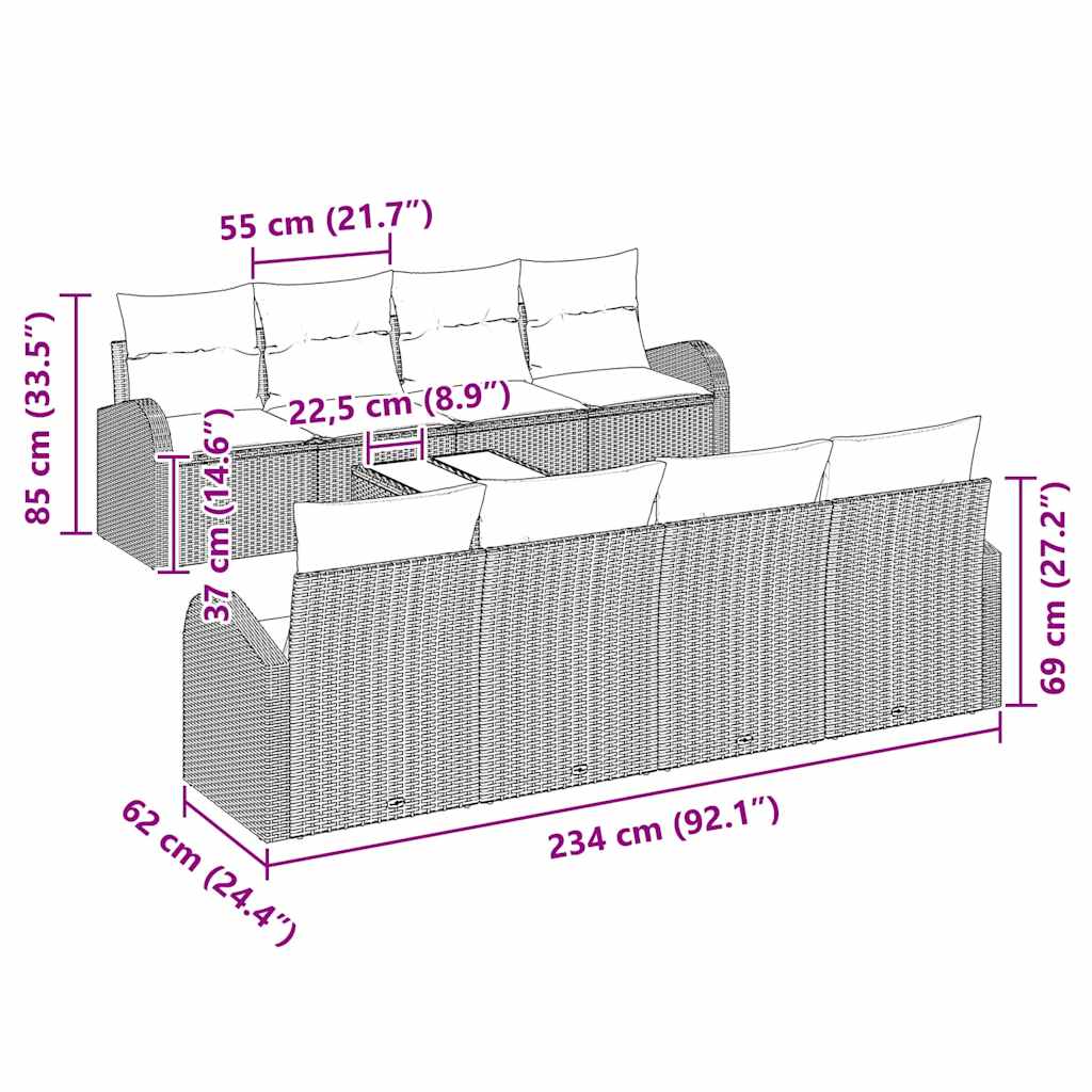 9 dalių sodo sofa komplektas su pagalvėlėmis Smėlio Poli Ratanas