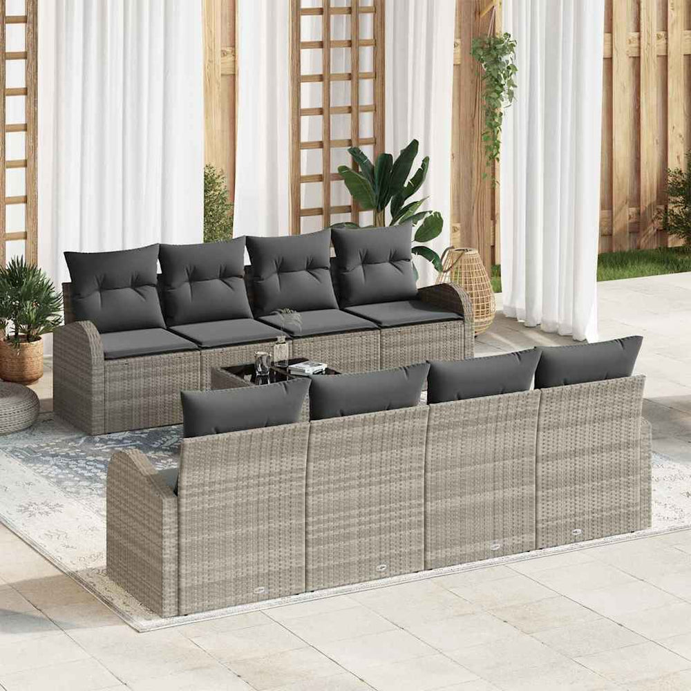 9 dalių sodo sofa rinkinys su pagalvėlėmis, šviesiai pilkas poliratanas