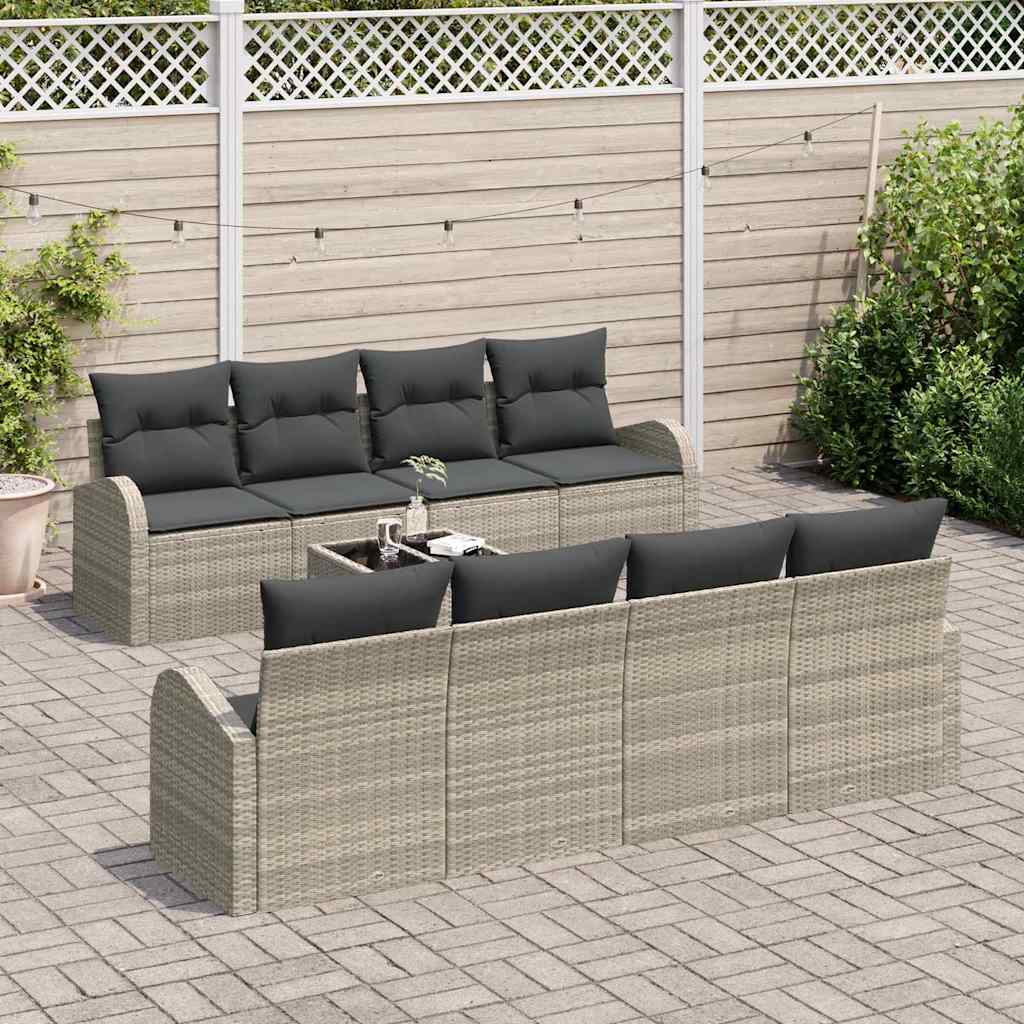 9 dalių sodo sofa rinkinys su pagalvėlėmis, šviesiai pilkas poliratanas