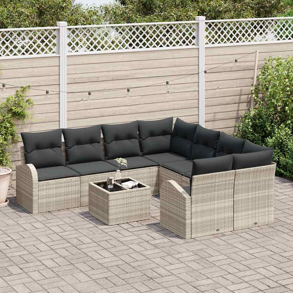 9 dalių sodo sofa komplektas su pagalvėlėmis Šviesiai pilka poli ratanas
