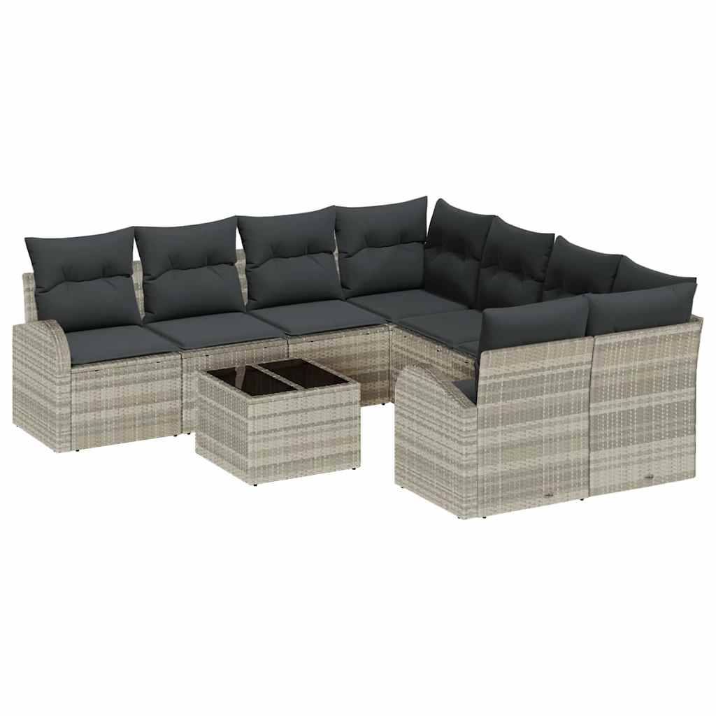 9 dalių sodo sofa komplektas su pagalvėlėmis Šviesiai pilka poli ratanas