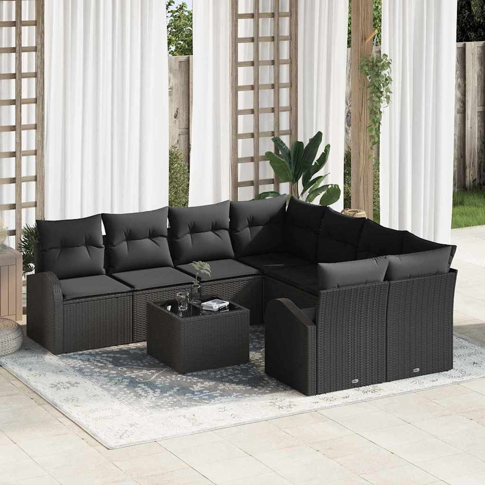 9 dalių Sodo Sofa Rinkinys su Pagalvėmis Juoda Poliratanas