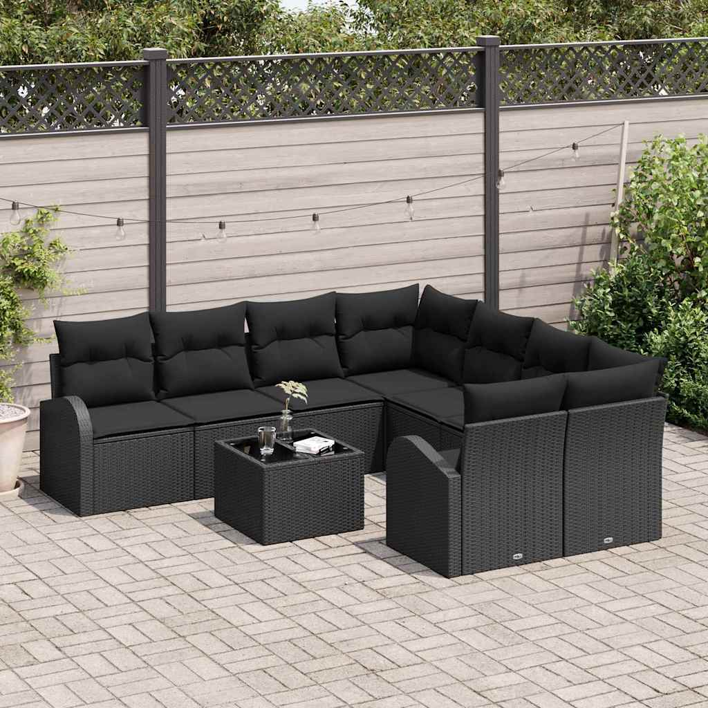9 dalių Sodo Sofa Rinkinys su Pagalvėmis Juoda Poliratanas