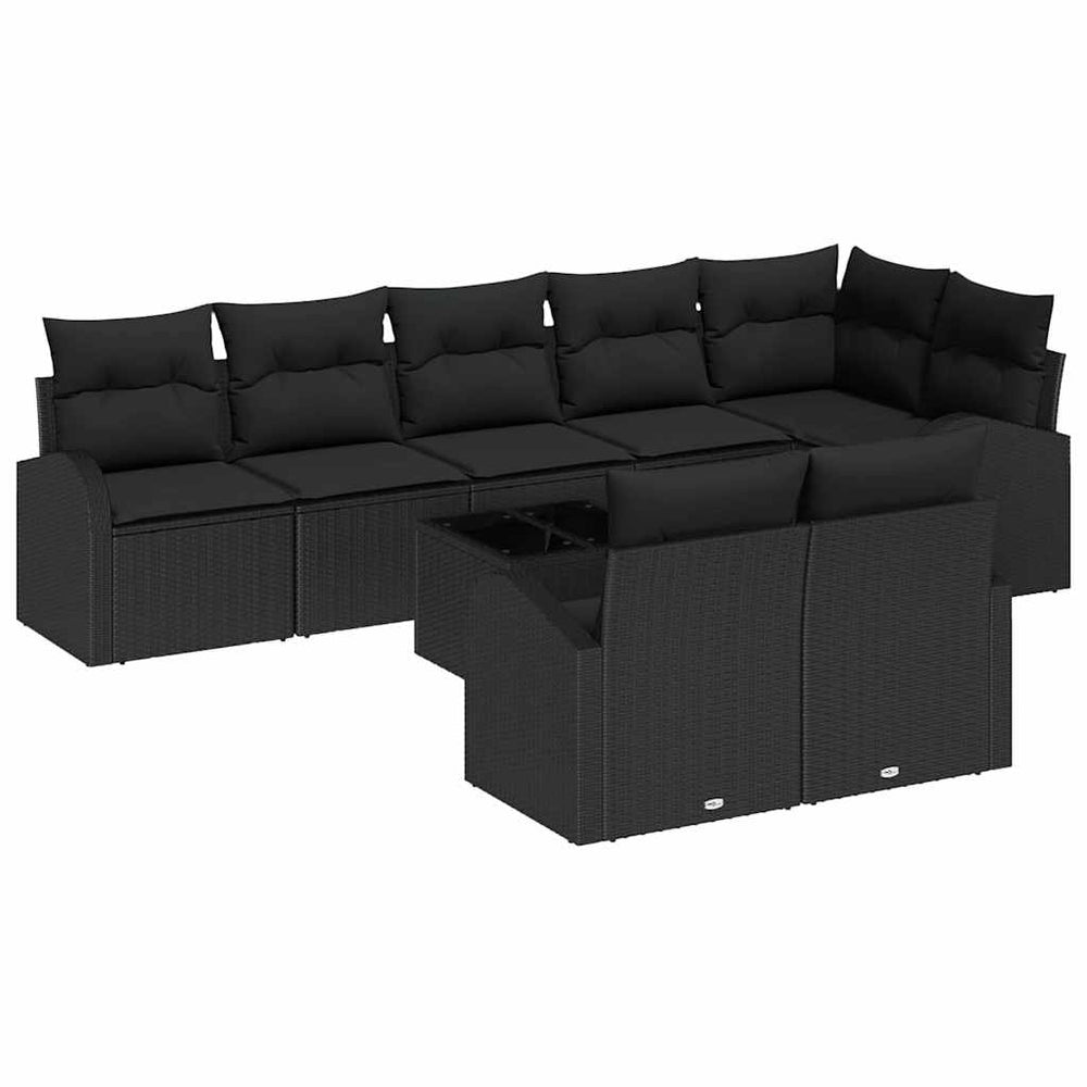 9-piece garden sofa set with sand-coloured cushions, made of poly rattan.