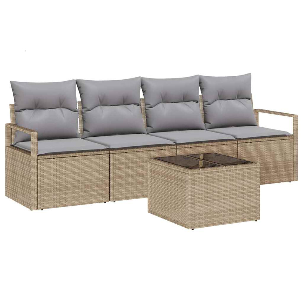 5-Piece Garden Sofa with Cushions Sand Poly Rattan