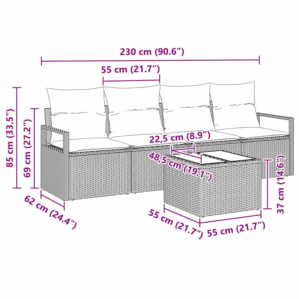 5 dalių sodo sofa su pagalvėlėmis Smėlio poli-ratanas
