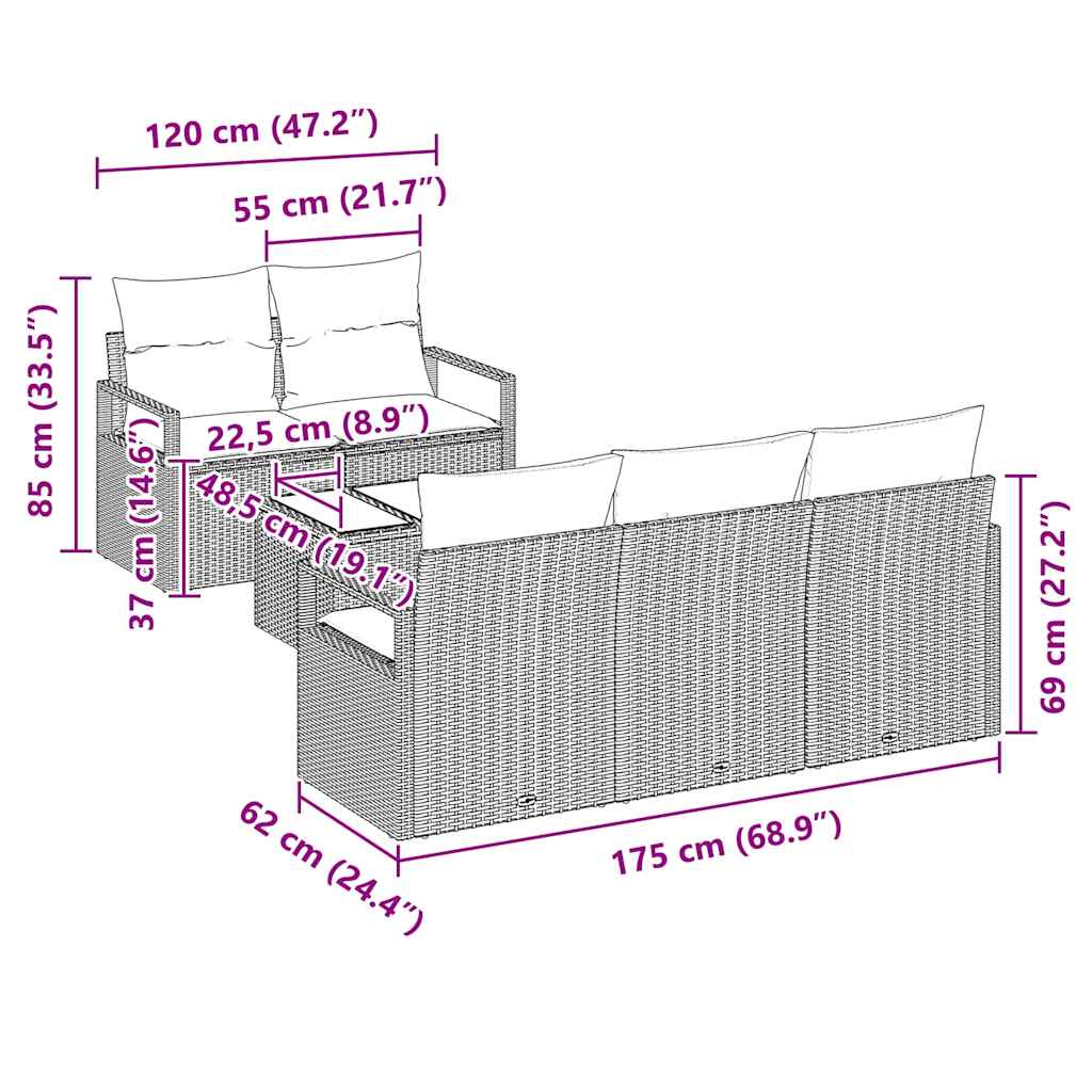 6 dalių sodo sofa rinkinys su pagalvėlėmis Pilka Poli ratanas