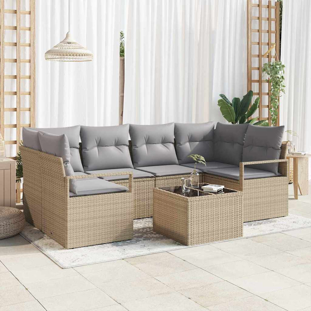 7 Dalių Sodo Sofa Komplektas su Pagalvėlėmis Smėlio Poli Ratanas