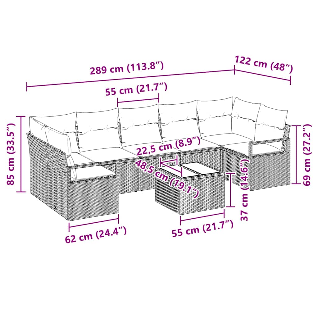 8 dalių sodo sofa komplektas su pagalvėmis Šviesiai pilka Poli Ratanas