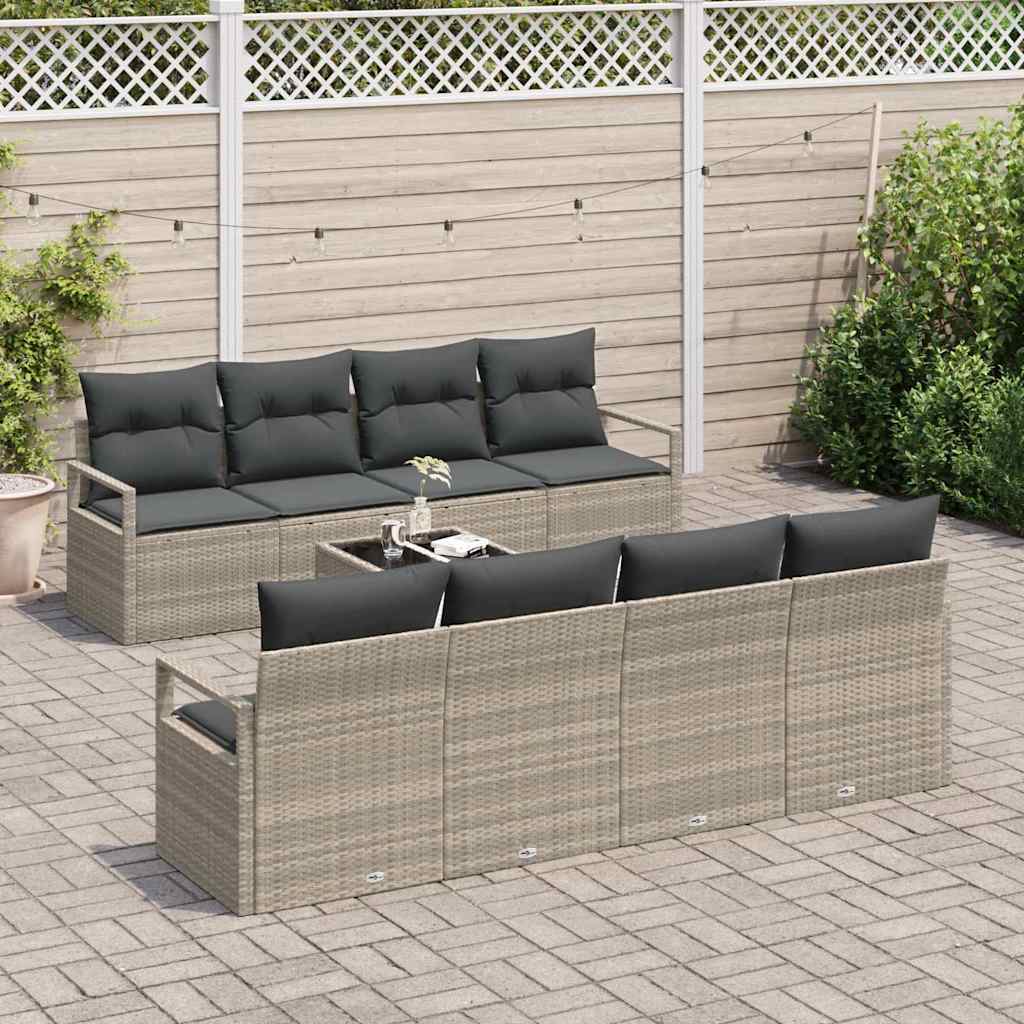 9 Dalių Sodo Sofa Komplektas su Pagalvėlėmis Šviesiai Pilka Poli Ratanas