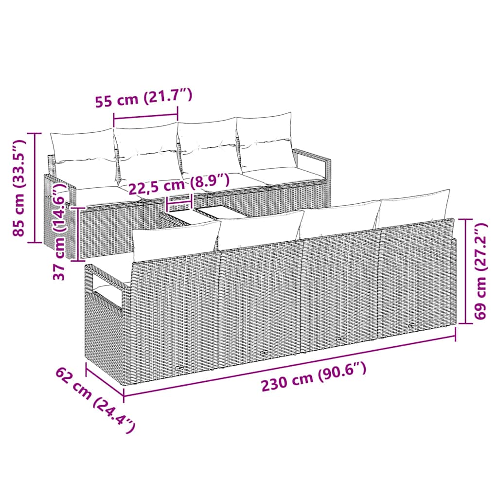 9 Dalių Sodo Sofa Komplektas su Pagalvėlėmis Šviesiai Pilka Poli Ratanas