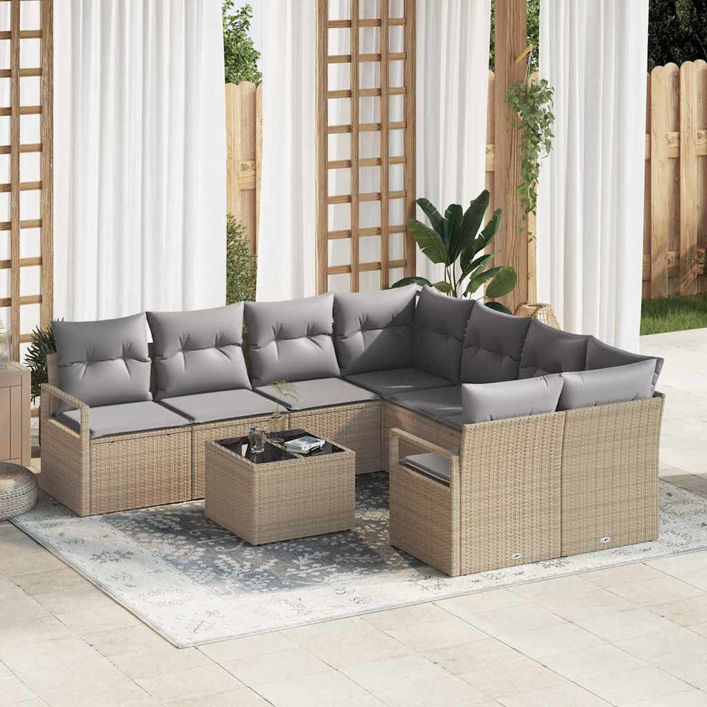 9 dalių sodo sofa su pagalvėmis Smėlio poli ratanas