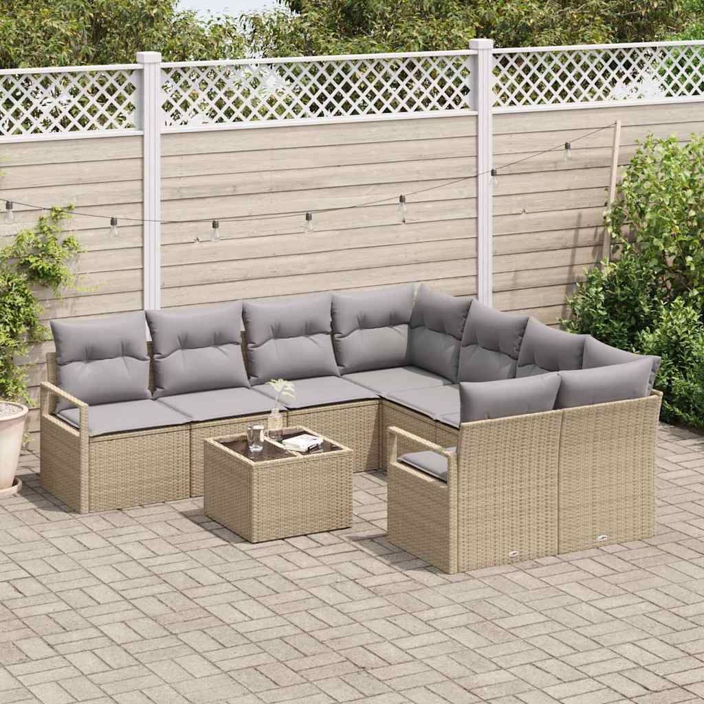 9 dalių sodo sofa su pagalvėmis Smėlio poli ratanas