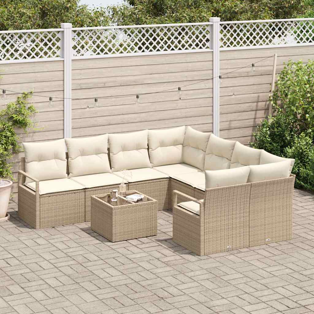 9 dalių sodo sofa komplektas su pagalvėlėmis Smėlio poli ratanas