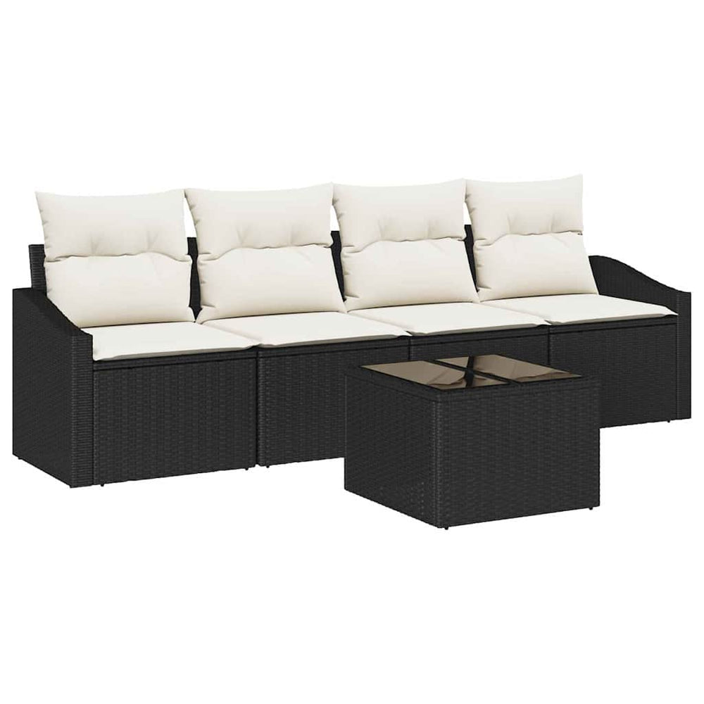 5 Piece Garden Sofa Set with Cushions Black Poly Rattan