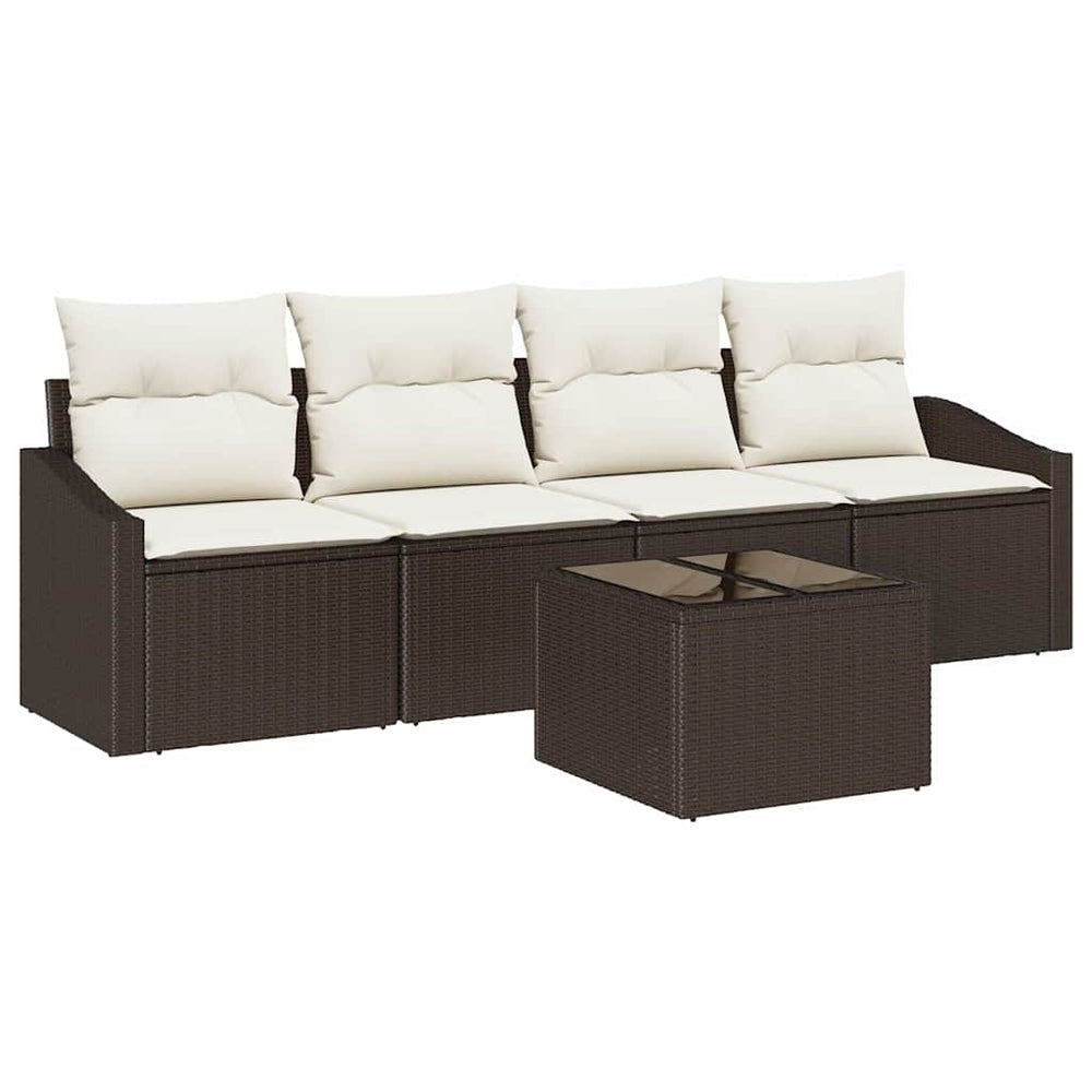 5-piece garden sofa set with cushions, brown poly rattan
