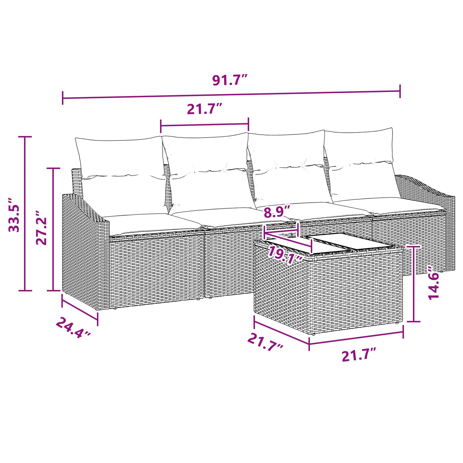 Sofos komplektas su pagalve 5 pcs Juoda ir turkio poliratanas