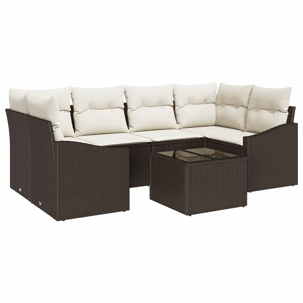 7 Piece Garden Sofa Set with Cushions Brown Poly Rattan