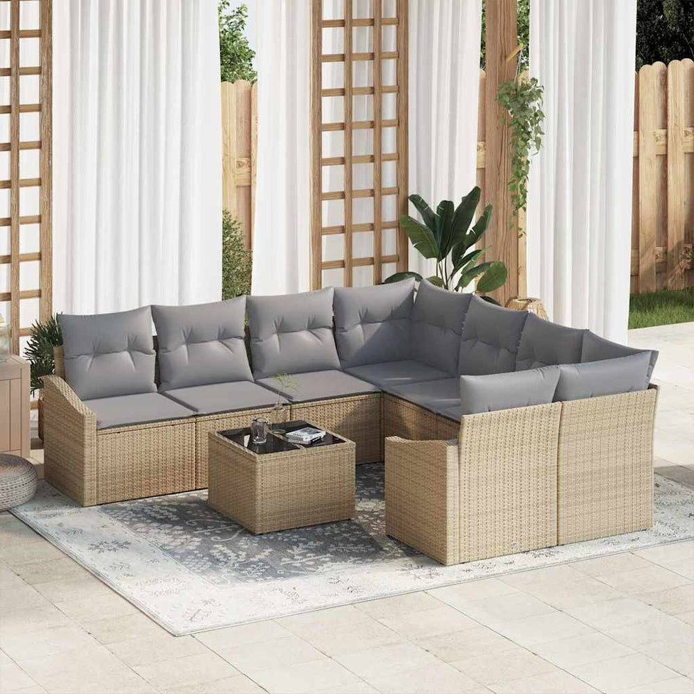 9 dalių Sodo sofa rinkinys su pagalvėlėmis smėlio poli ratanas