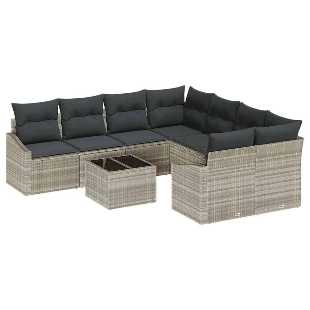 9-Piece Garden Sofa Set with Cushions Light Grey Poly Rattan