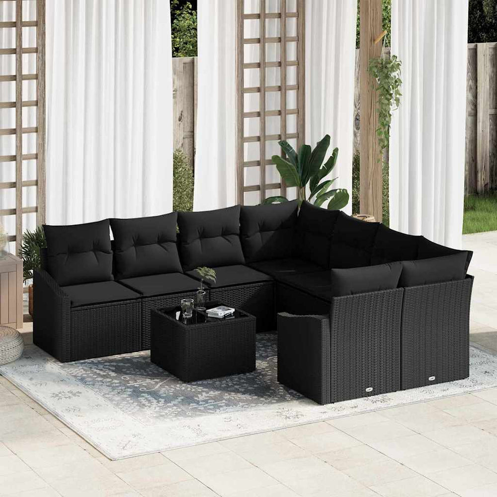 9 dalių sodo sofa komplektas su pagalvėlėmis juodas poliratanas