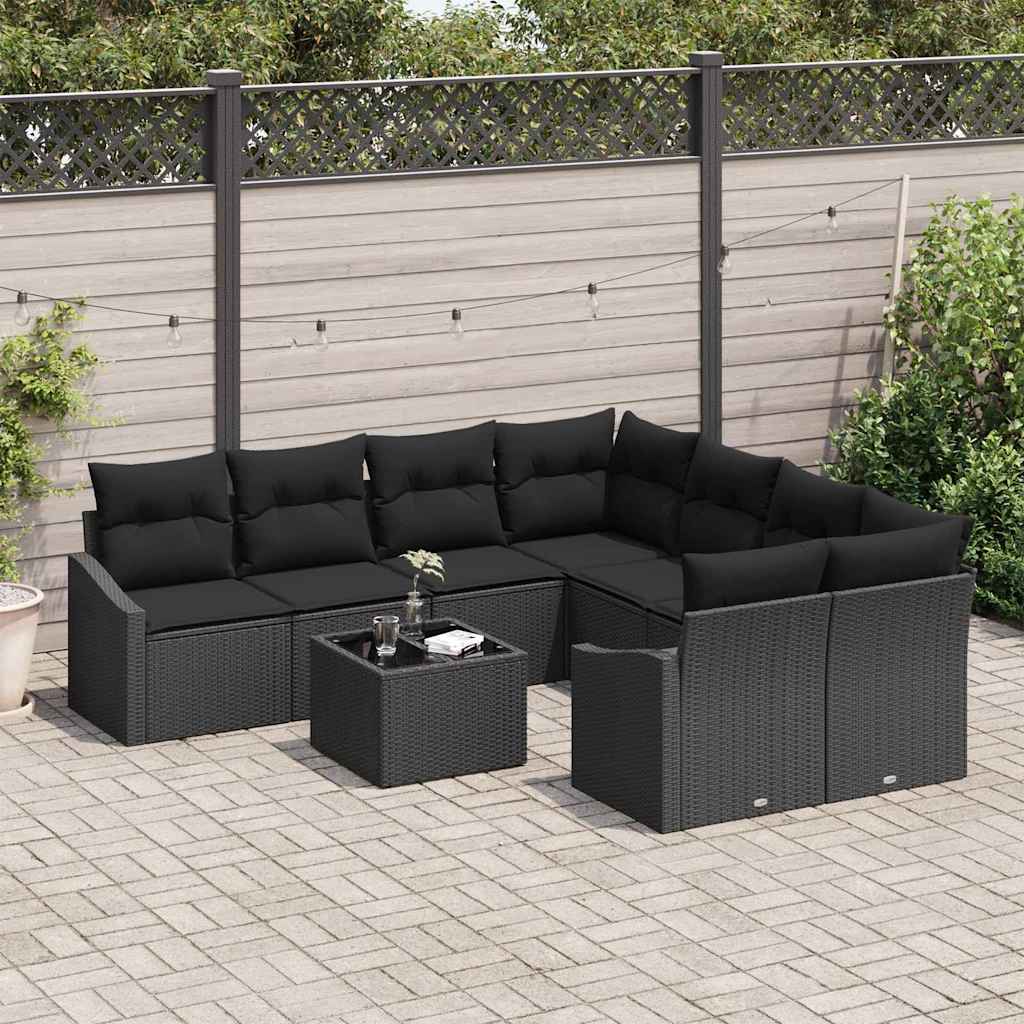 9 dalių sodo sofa komplektas su pagalvėlėmis juodas poliratanas