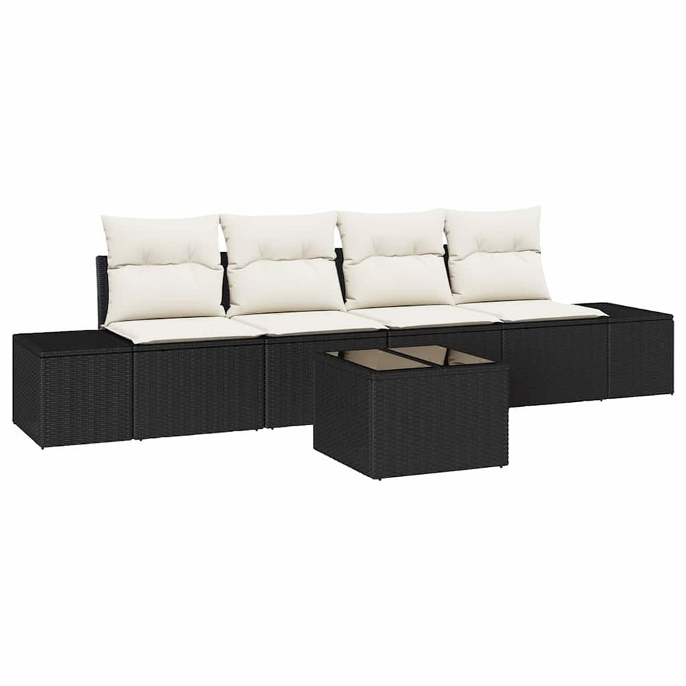 5 Piece Garden Sofa Set with Cushions Black Poly Rattan