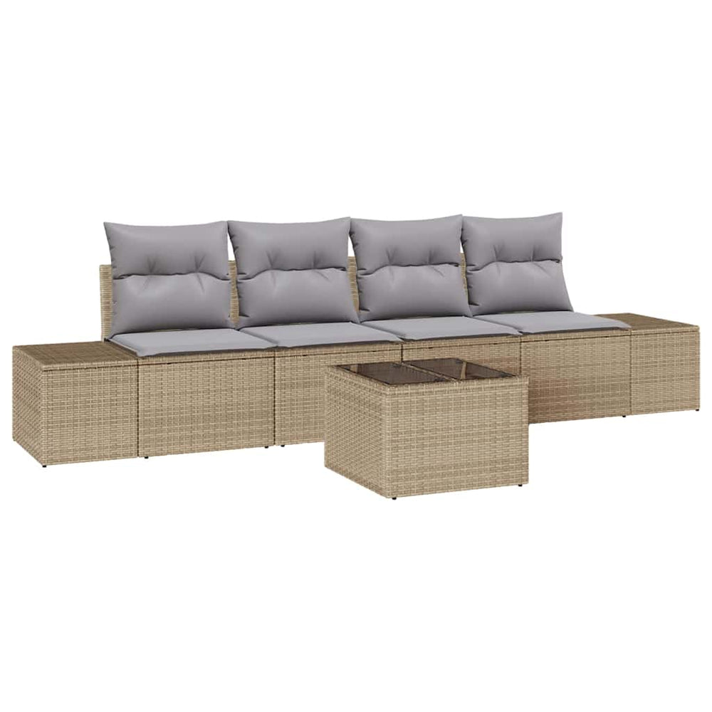 5 Piece Garden Sofa Set with Cushions Beige Poly Rattan