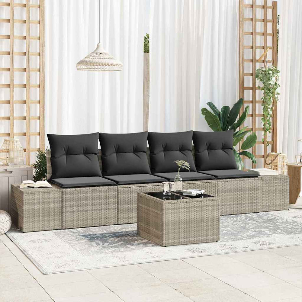 5 Dalių Sodo Sofa Komplektas su Pagalvėlėmis Šviesiai Pilkas Poli Ratanas