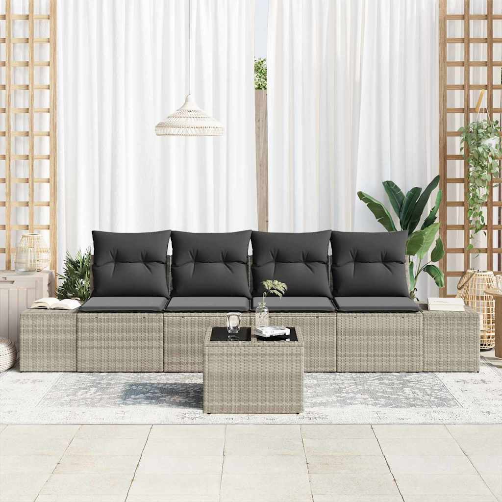 5 Dalių Sodo Sofa Komplektas su Pagalvėlėmis Šviesiai Pilkas Poli Ratanas