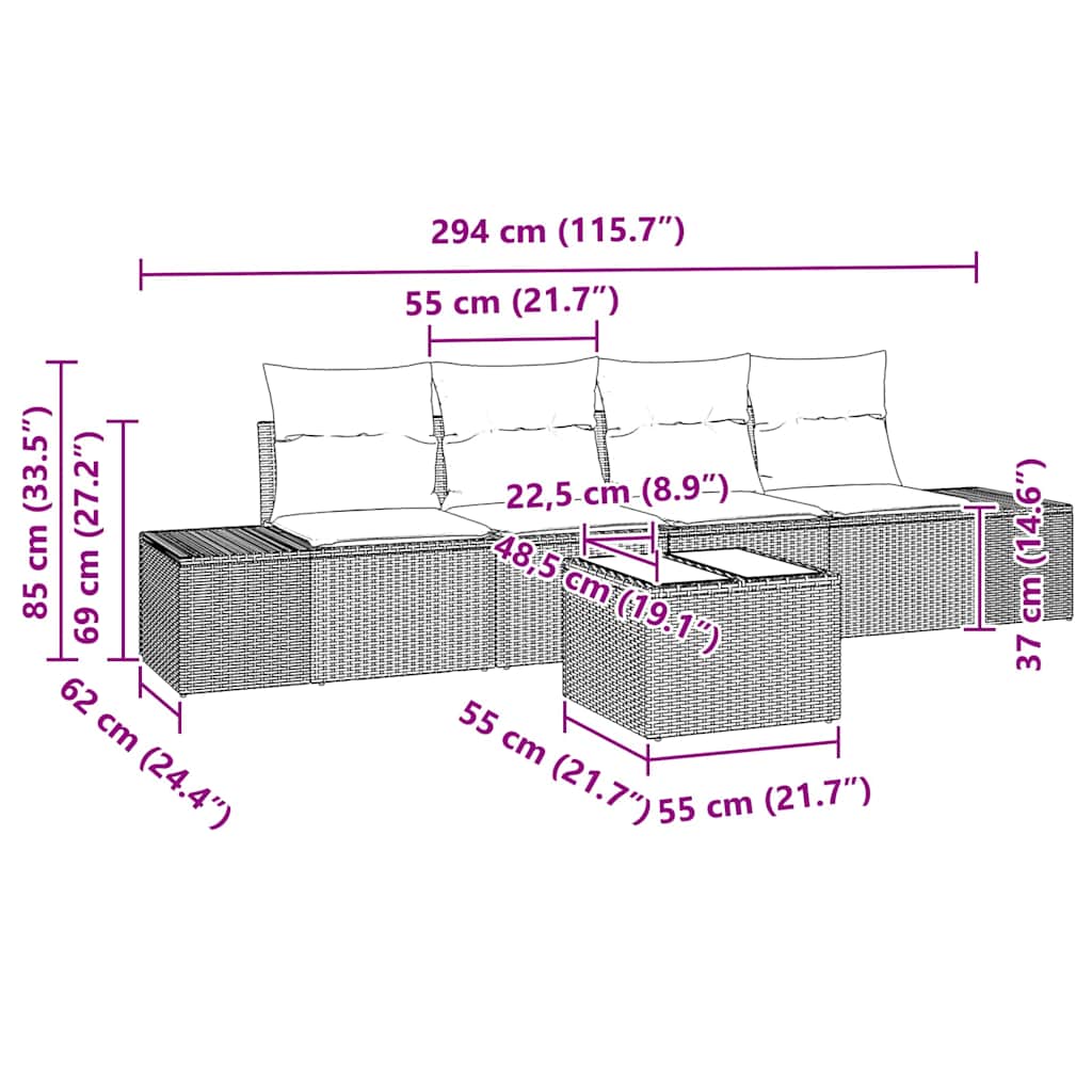 5 Dalių Sodo Sofa Komplektas su Pagalvėlėmis Šviesiai Pilkas Poli Ratanas
