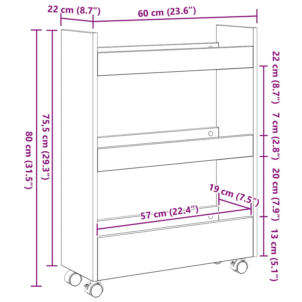 Narrow Storage Cart Black Oak 60 x 22 x 80 cm