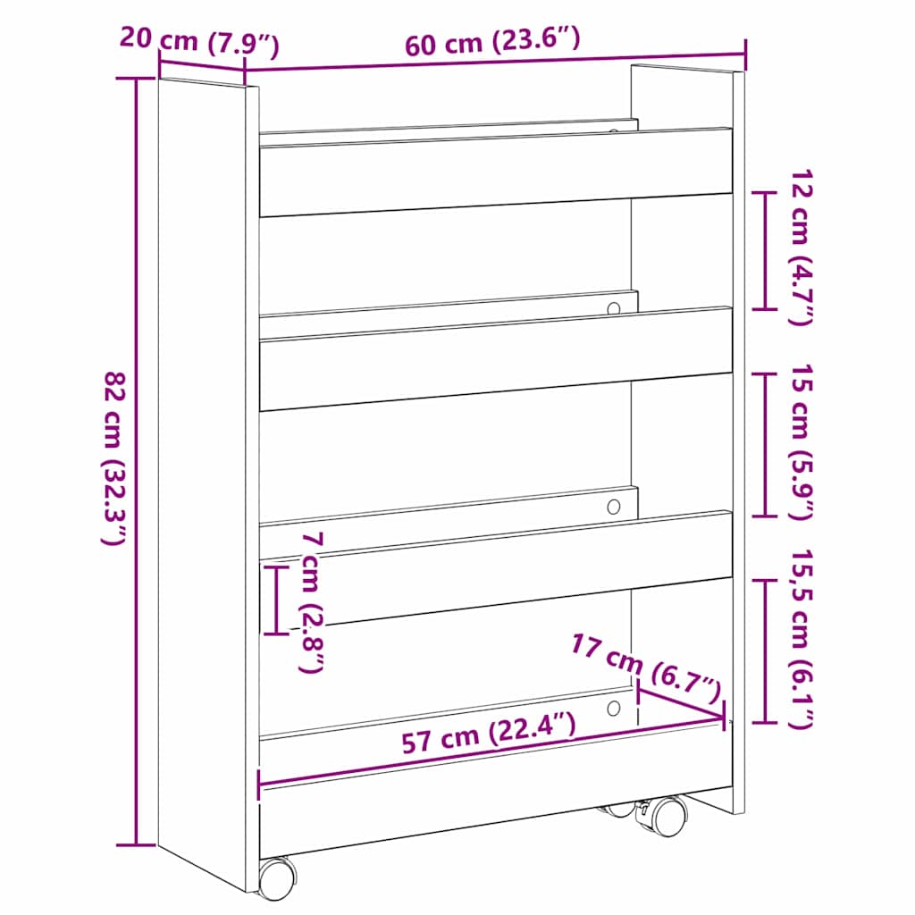 Slim Storage Trolley Black Oak 60 x 20 x 82 cm