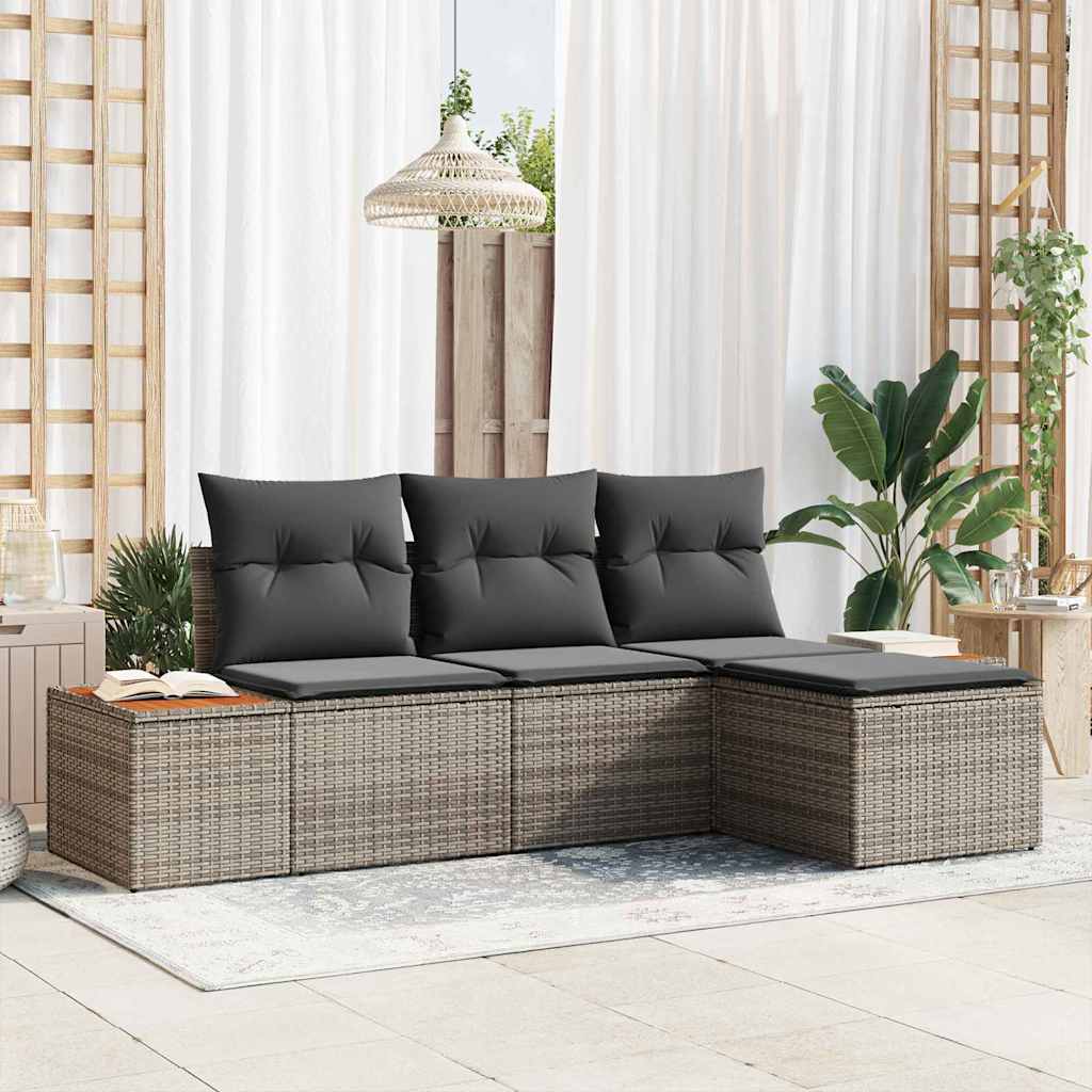 4 Dalių Sodo Sofa Komplektas su Pagalvėlėmis Pilka Poli Ratanas Akacija