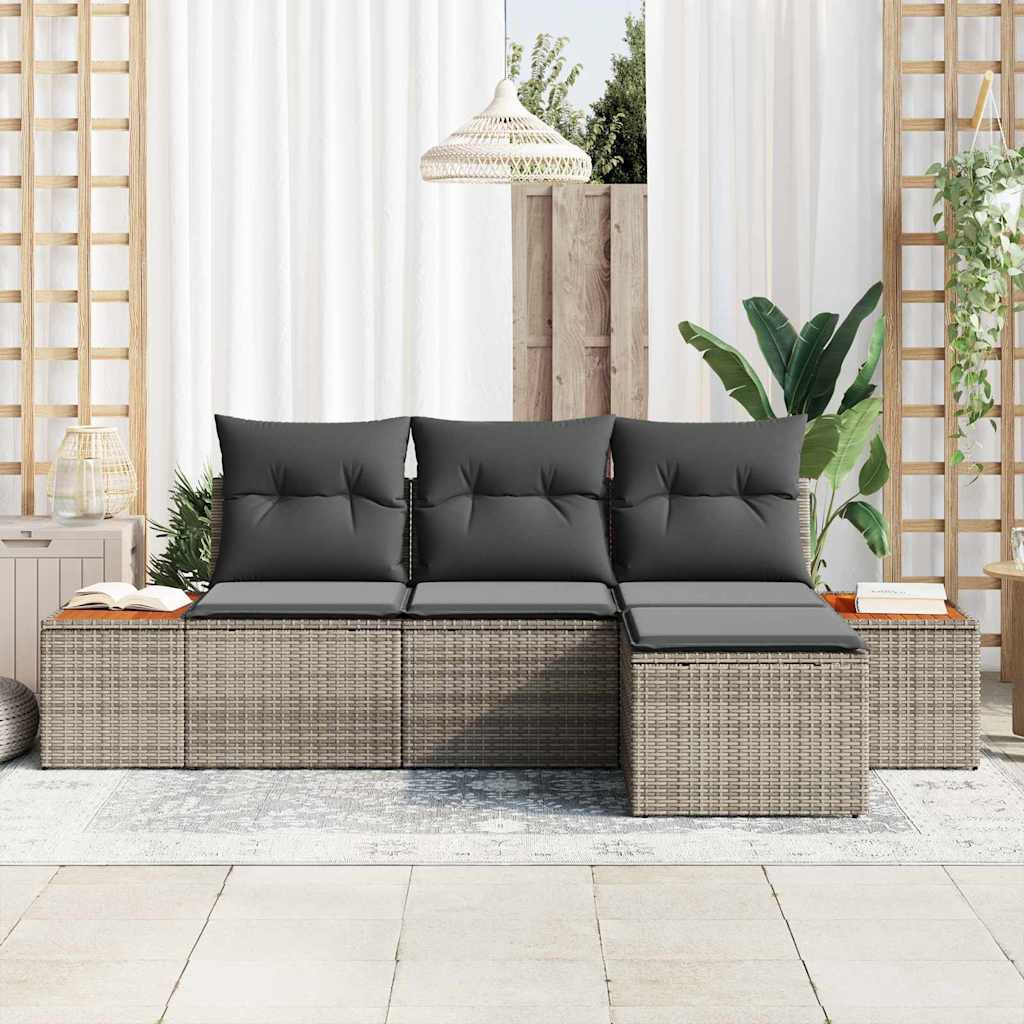 4 Dalių Sodo Sofa Komplektas su Pagalvėlėmis Pilka Poli Ratanas Akacija