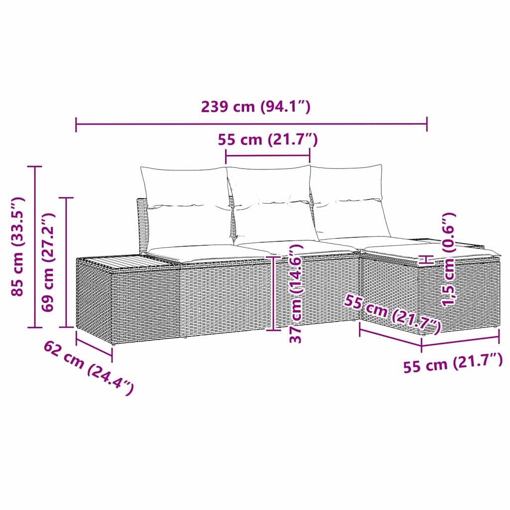 4 Dalių Sodo Sofa Komplektas su Pagalvėlėmis Pilka Poli Ratanas Akacija