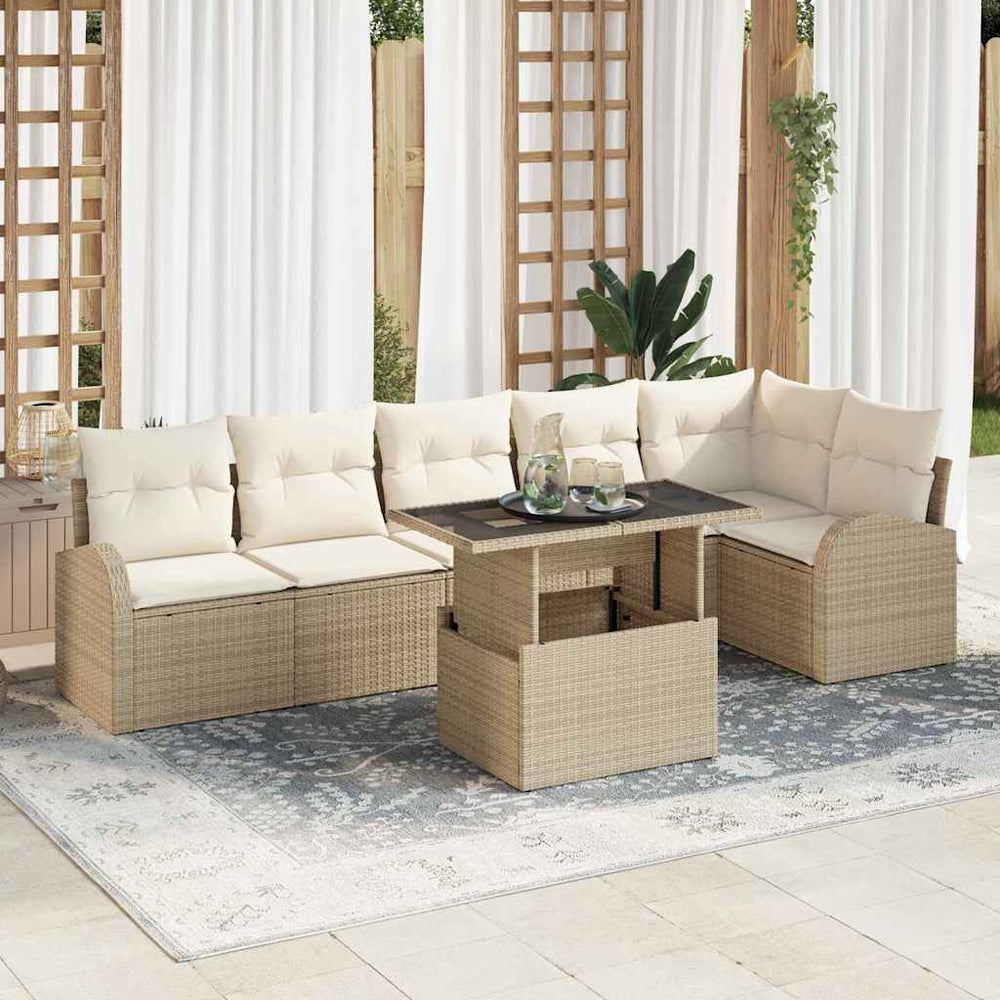 7 dalių sodų sofos komplektas su smėlio spalvos poli rattan pagalvėlėmis