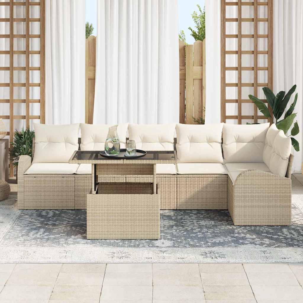 7 dalių sodų sofos komplektas su smėlio spalvos poli rattan pagalvėlėmis